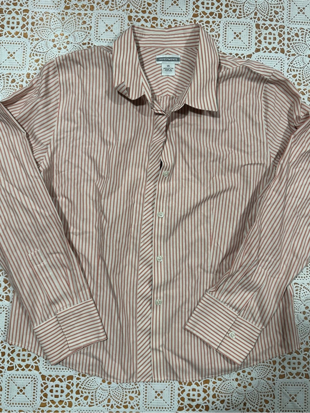 Investments Pink White Stripe Button Front Cotton Shirt Size 14